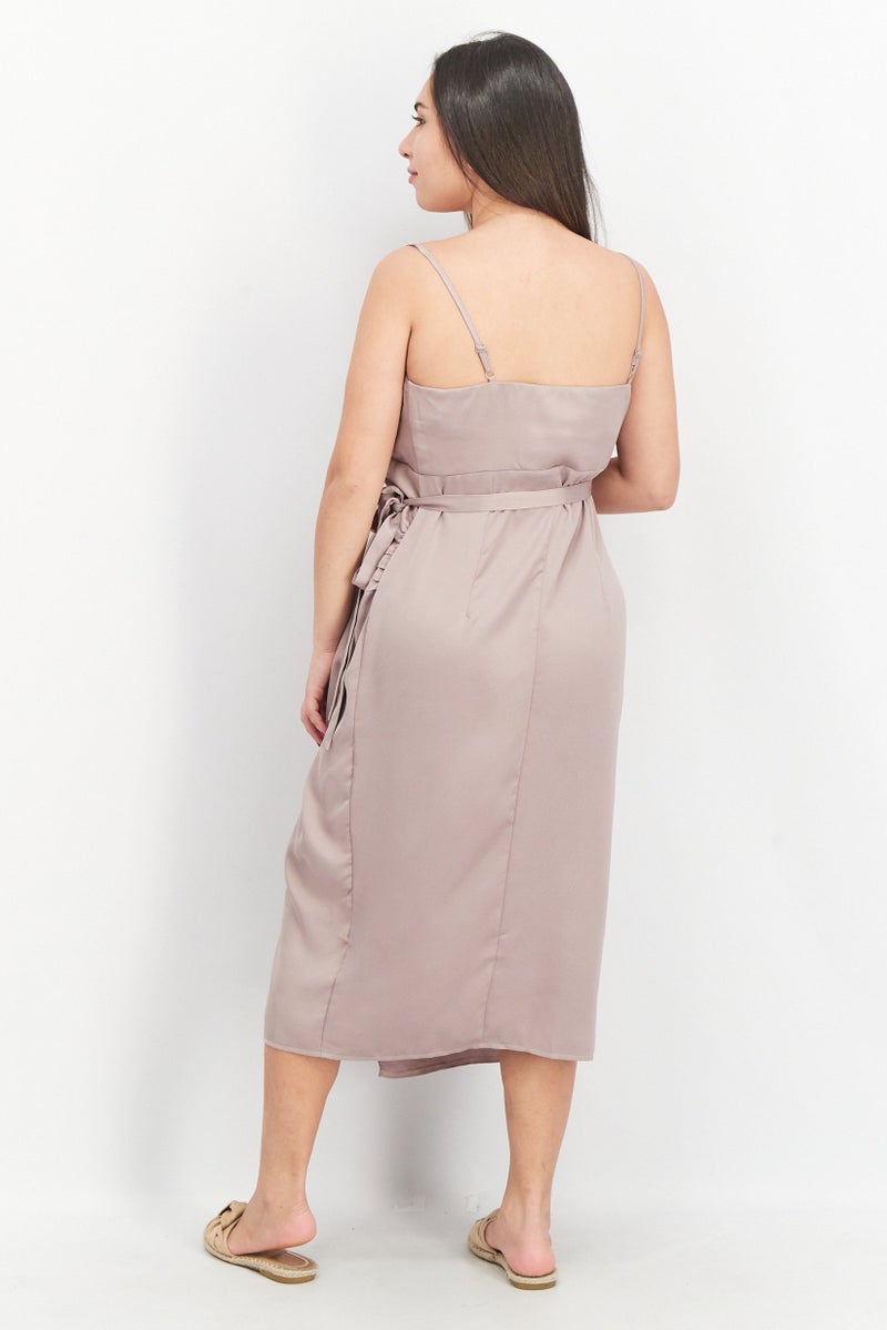 Little Mistress Women Maternity Satin Wrap Midi Dress, Grey - Image 3